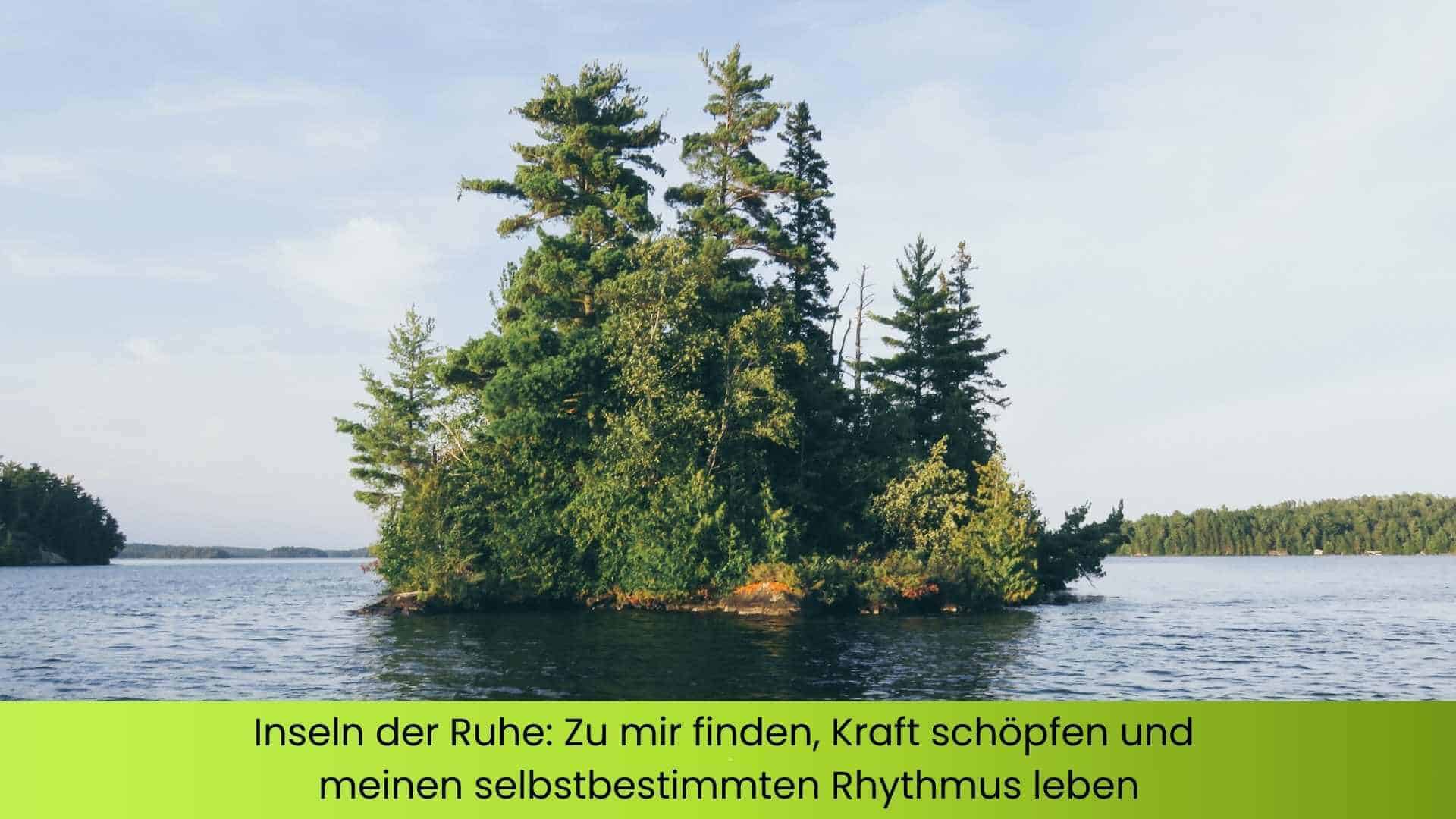 Auf einem ruhigen See ist in der Mitte eine kleine Insel mit Tannenbewuchs.