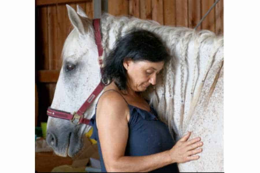 Tieraromatologie  ist auch Energiearbeit. Hier Marianne mit einem weißen Pferd während der Behandlung.