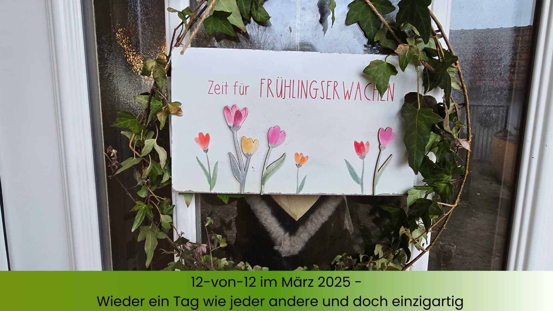 Ein Türschild mit dem Satz Zeit für Frühlingserwachen und bunten Blumen drauf